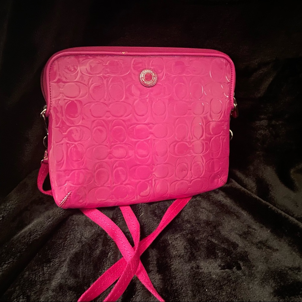 Coach Pink Magenta Embossed Patent Leather iPad/Tablet Case Adjustable Crossbody